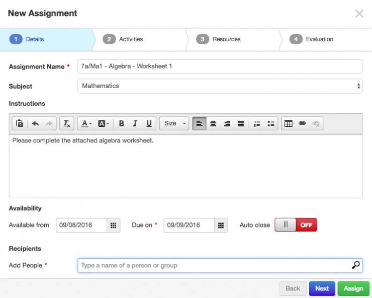 Homework assignment widget